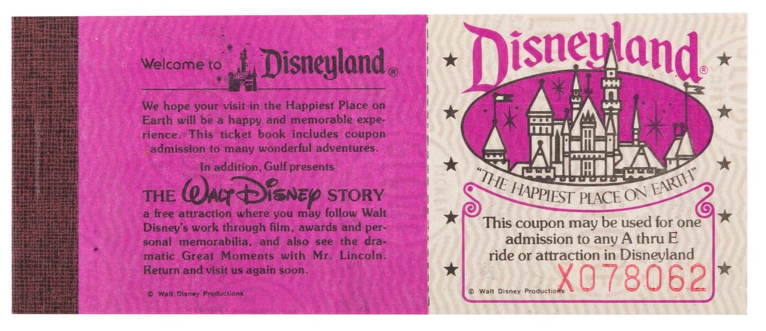 A 1970s Disneyland Courtesy Guest Ticket Book.: (Disneyland, 1973-75) An original Disneyland Courtesy Guest 5 Adventures ticket book. The complete book includes the Welcome to Disneyland tab promoting The Walt Disney Story and five coupons good for