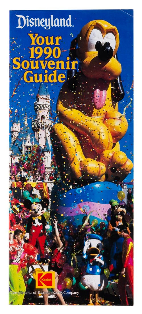A 1990 Disneyland Souvenir Guide.: (Disneyland, 1990) A souvenir guide to Disneyland from the Park's 35th anniversary. Measuring 3.5" x 8.5", the guide is in good condition with handling wear and drawings on the map depicting