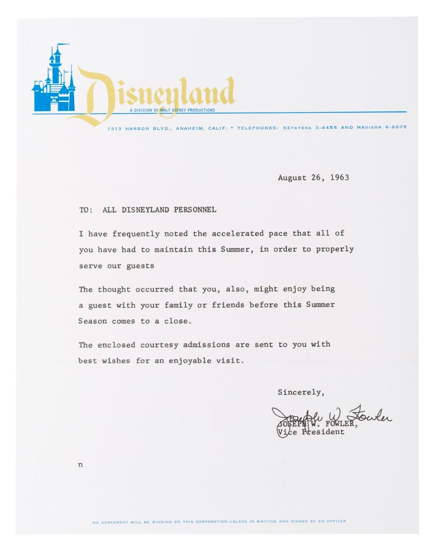 A Disneyland Personnel Letter.: (Disneyland, 1963) A letter on Disneyland stationery dated August 26, 1963, originally sent with complimentary admission passes to Park employees, and includes a facsimile Joe Fowler signature.