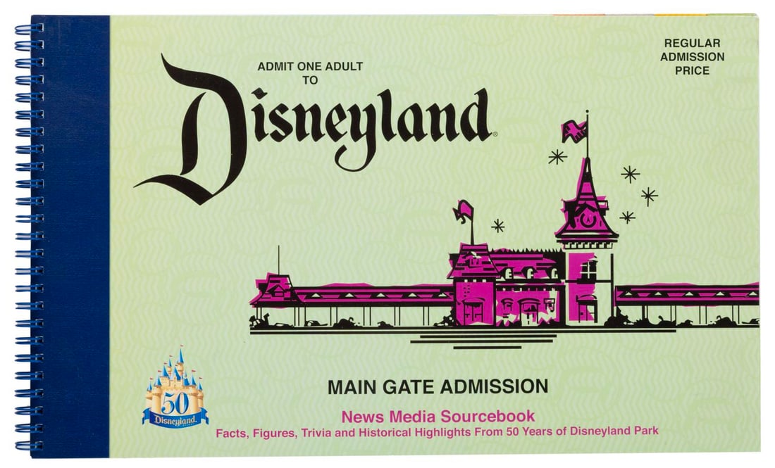 A Disneyland 50th Anniversary News Media Sourcebook.: (Disneyland, 2005) A Disneyland News Media Sourcebook, published in the style of a vintage ticket book. The book contains 53 pages of facts, figures, trivia, and historical highlights spanning 50