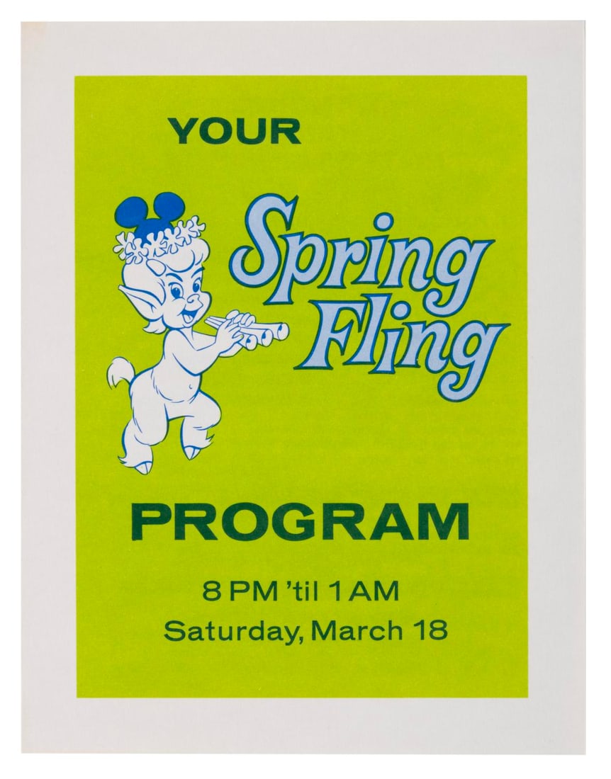 A 1967 Disneyland Spring Fling Program.: (Disneyland, 1967) A program for Disneyland’s Spring Fling, the after-hours, teen event held on March 18, 1967. The event featured the soft opening of Pirates of the Caribbean and the Blue Bayou.