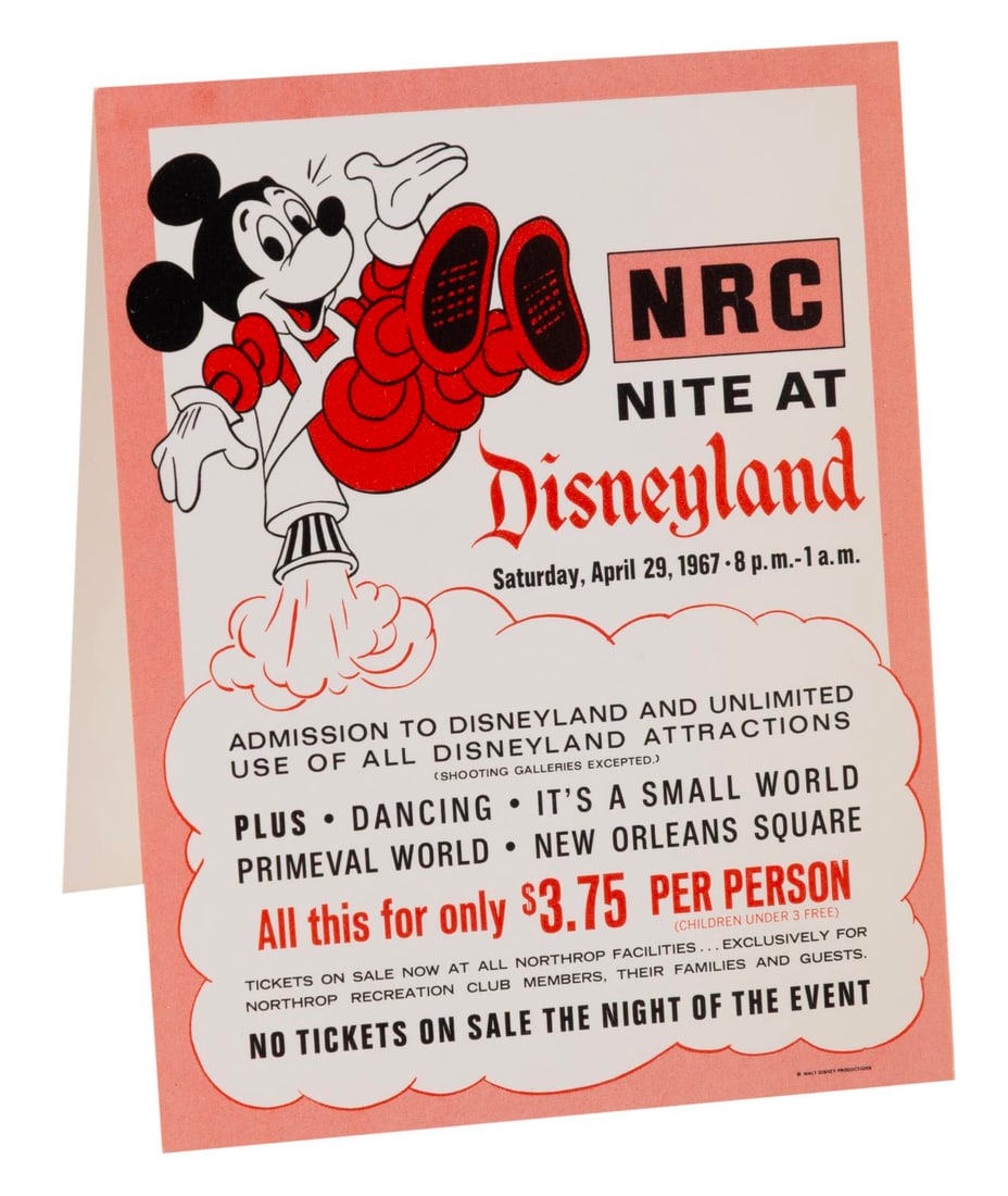 A NRC Nite at Disneyland Flyer.: (Disneyland, 1967) A folding desktop flyer for the Northrop Recreation Club (NRC) Nite at Disneyland on April 29, 1967. This flyer would be displayed around the Northrop offices to advertise the