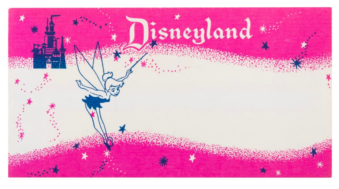 A Small Disneyland Shop Envelope.: (Disneyland, 1960s) A small pink envelope featuring Tinker Bell and Sleeping Beauty Castle. Envelopes like these were used throughout the various shops on Main Street for some of the smaller souvenir 