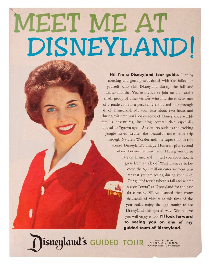 A Disneyland Guided Tour Vacationland Magazine Clipping.: (Disneyland, 1960s) A clipping from Vacationland magazine advertising Disneyland guided tours. Measuring 8.25" x 10.75", the clipping is in good condition with light creasing, a mark in the upper left