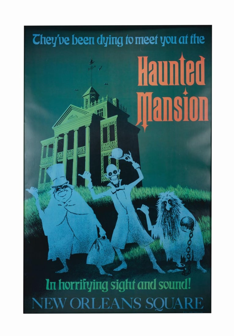 A Haunted Mansion Disneyland Gallery Poster.: (Disney Gallery, 1990s) An exclusive full-size attraction poster reproduction for the Haunted Mansion offered through the Disney Gallery at Disneyland. Rolled as issued, this piece measures 36" x 54" 