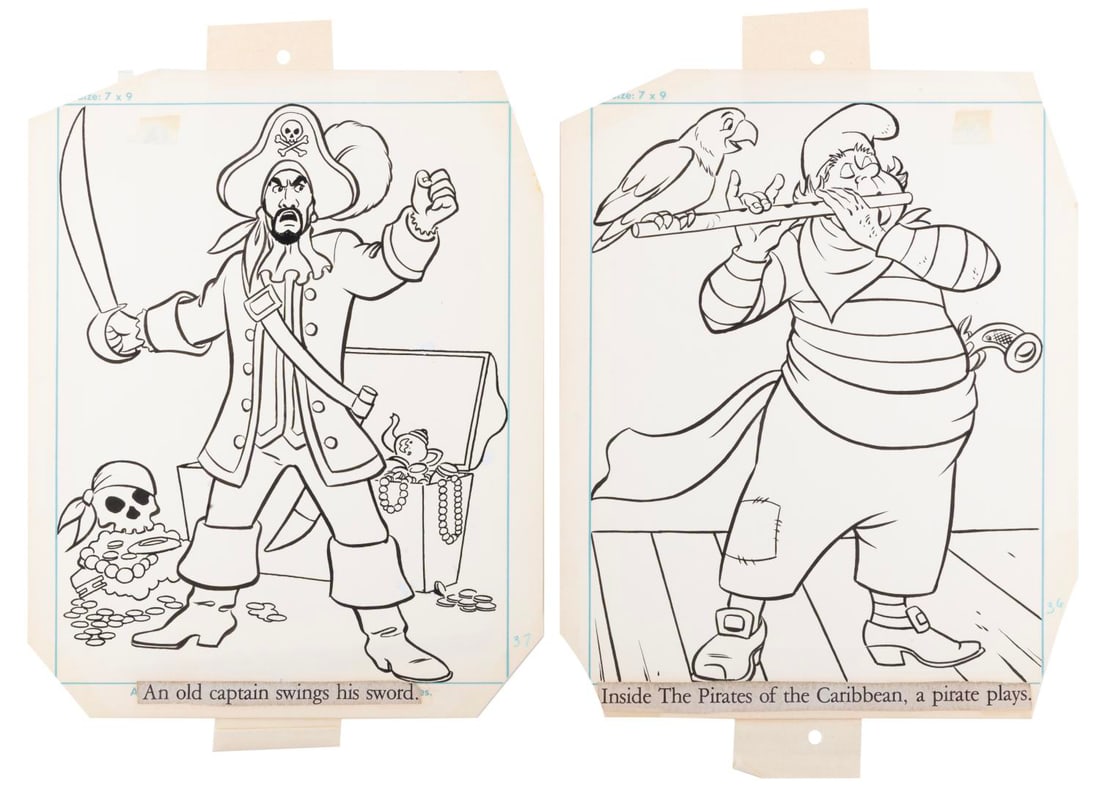 Early Pirates of the Caribbean Coloring Book Original Art.: (Whitman, 1960s-70s) Two original drawings for early "Pirates of the Caribbean" coloring book pages. One features a pirate Captain, and the other a pirate with flute and parrot. Measuring 8” x 1