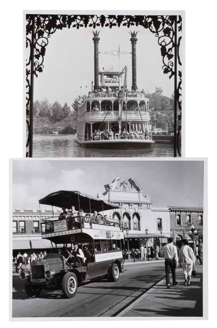 A Pair of Omni Bus and Mark Twain Publicity Photos.: (Disneyland, 1950s) A pair of early publicity photos from Disneyland, including the Omnibus in front of the Opera House on Main Street, U.S.A., and the Mark Twain Riverboat. Measuring 8" x 10", the ph