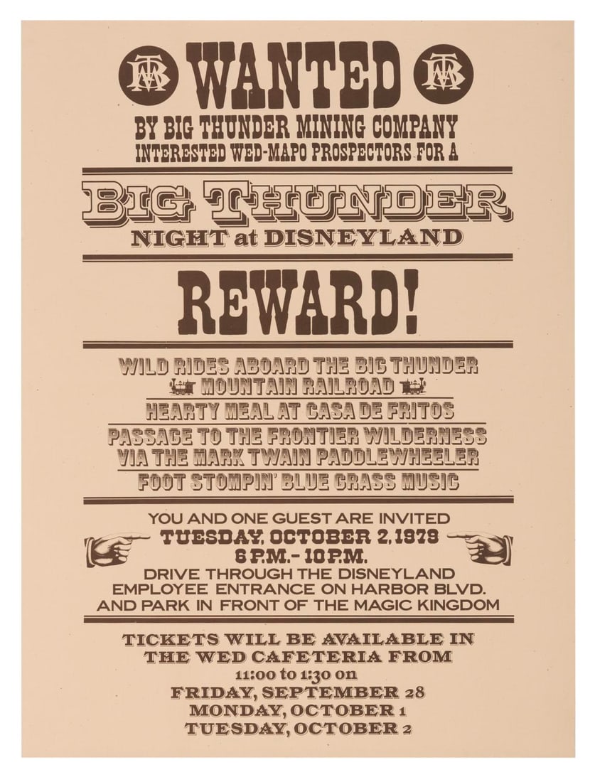 "Big Thunder Mountain" Imagineering Event Poster.: (Disneyland, 1979) A very rare poster for "Big Thunder Night at Disneyland" for WED-Mapo Imagineers and their families. The event was held on October 2, 1979 and included rides on the new attraction, 