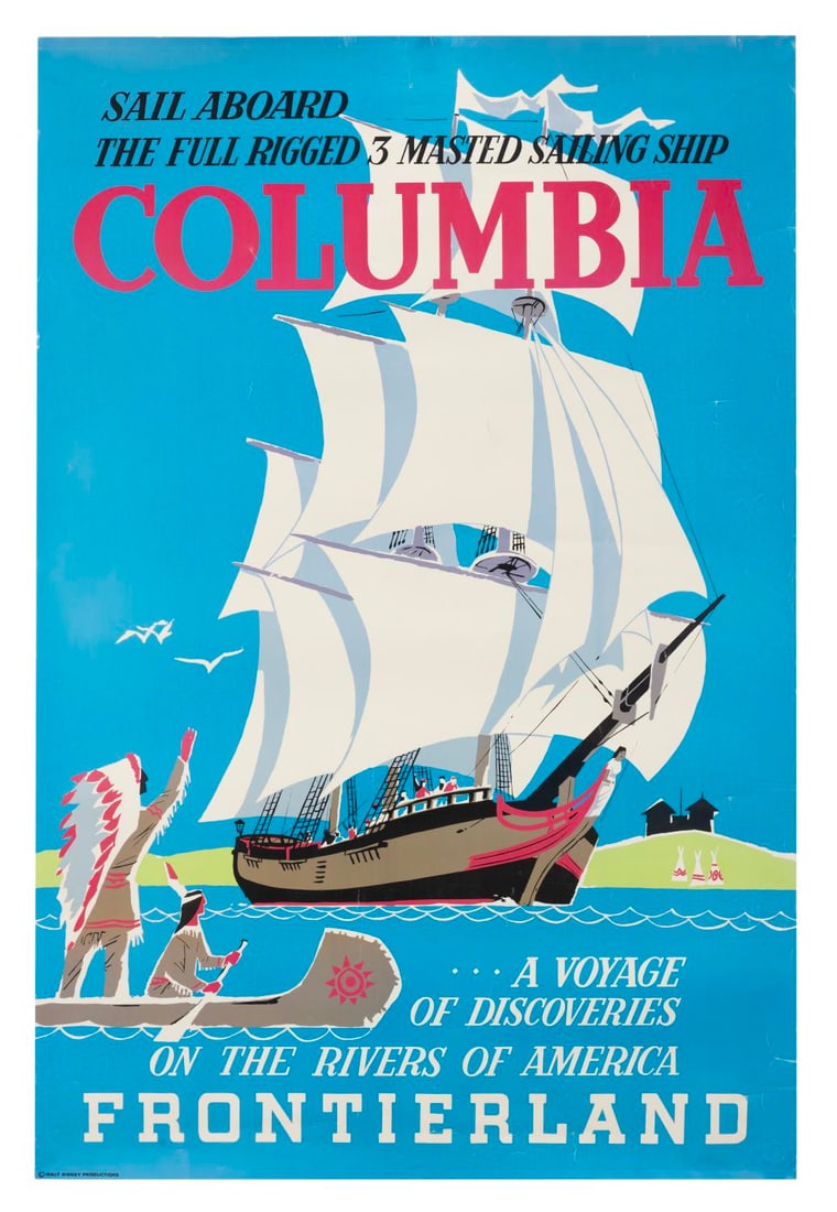 A Columbia 40th Anniversary Attraction Poster.: (The Disney Gallery, 1998) A full-size 40th anniversary reproduction of the Sailing Ship Columbia attraction poster designed by Bjorn Aronson. The poster was available at The Disney Gallery and featur