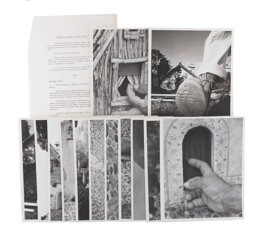 A Set of Storybook Land Article Photos.: (Disneyland, 1964) A set of 13 photo prints showing details of Disneyland’s Storybook Land, with a landscaper watering and adjusting the props. Included is a page of copy outlining a proposed articl