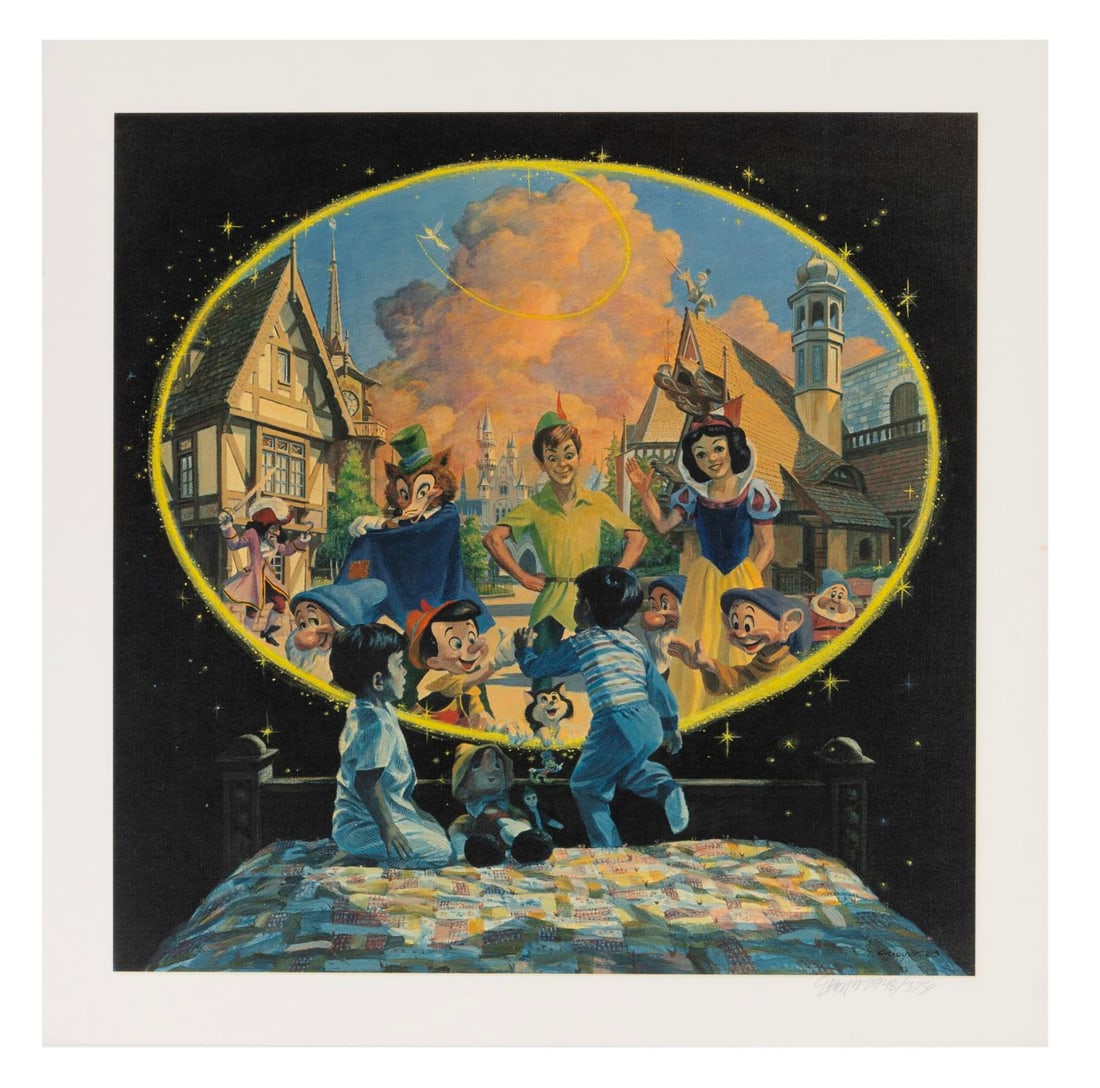 A Charles Boyer Signed New Fantasyland Lithograph.: (Disneyland, 1983) A hand-signed Charles Boyer lithograph titled “Disney Dreams,” celebrating the rededication of Fantasyland. Numbered 2948 of 3750, the 22.5" x 22.5" poster displays in very 