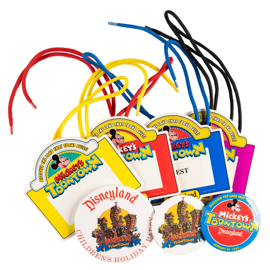 Mickey’s Toontown Opening Passes and Buttons.: (Disneyland, 1993) Four Guest Passes and three buttons from the Grand Opening Celebration of Mickey’s Toontown in Disneyland. Measuring 4.5” x 5” with a 33” lanyard string, the pas