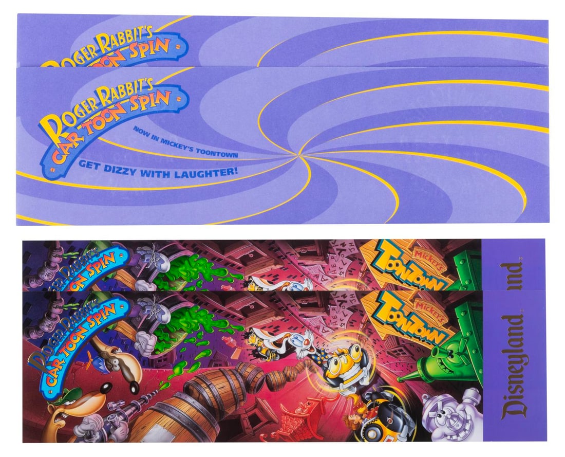 A Pair of Roger Rabbit's Car Toon Spin Premiere Invitations.: (Disneyland, 1994) A pair of commemorative passports from the Grand Opening of Roger Rabbit’s Car Toon Spin at Disneyland. The invitations measuring 4” x 14” and envelopes measuring 4&rd