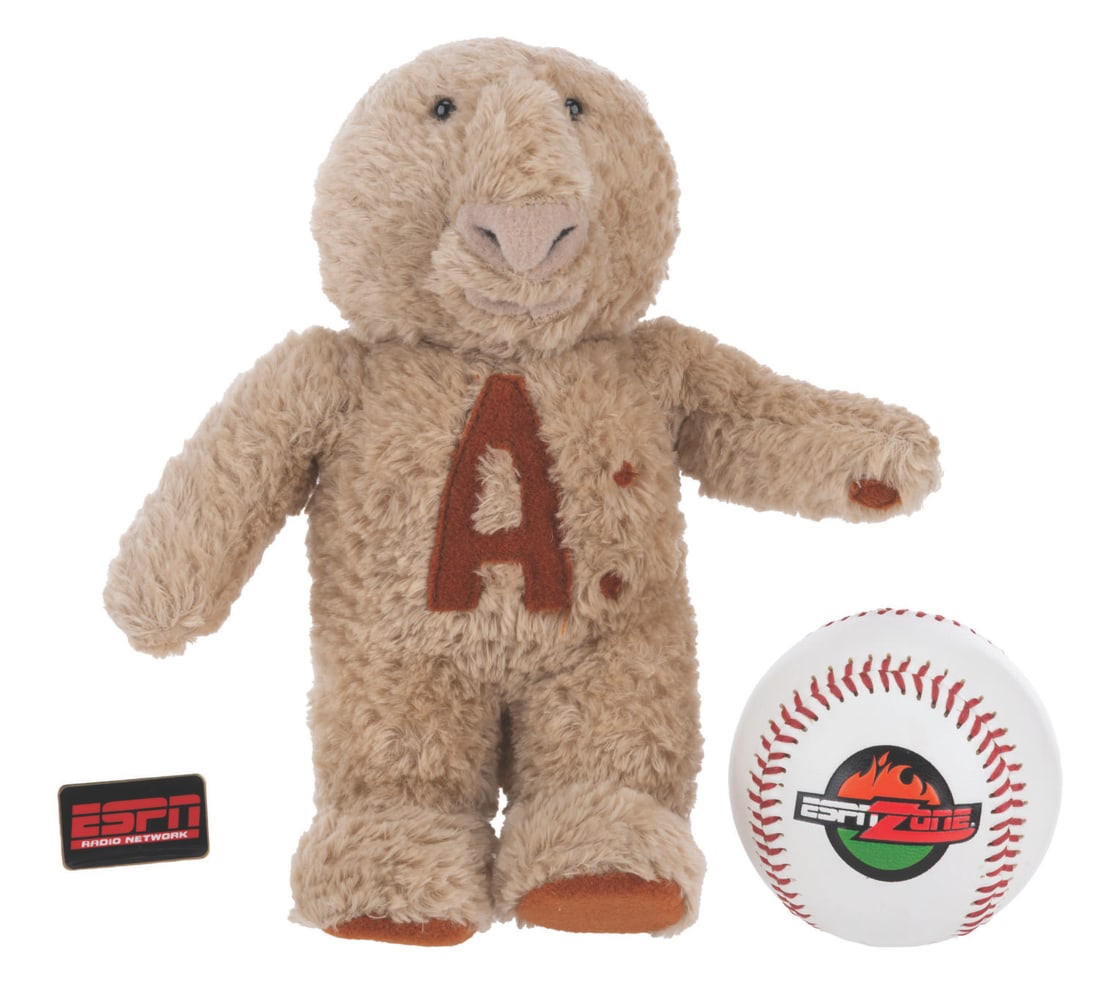 An ESPN Zone Souvenir Collection.: (ESPN, 1990s-2000s) Three souvenirs from the ESPN Zone restaurant chain, including a branded baseball, an ESPN Radio Network pin, and an Answer Guy plushie from ESPN's "2-Minute Drill" game show. Rang