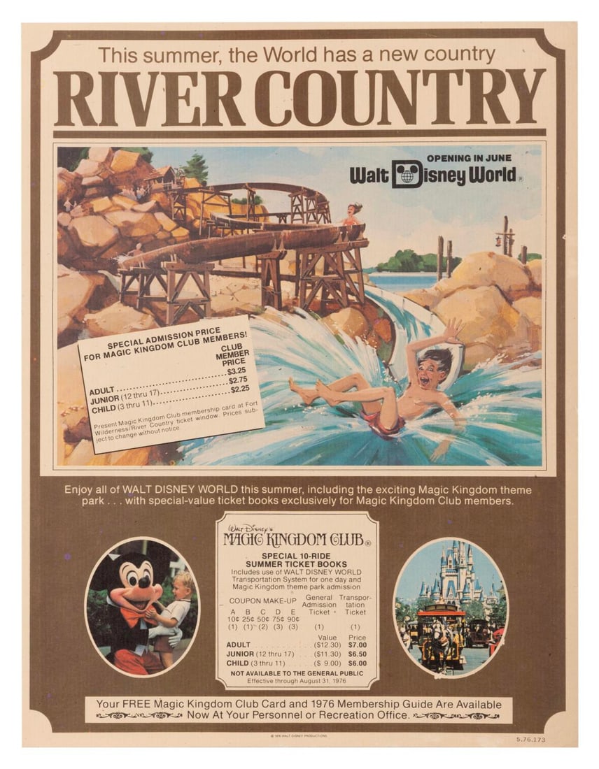 A Walt Disney World River Country Flyer.: (Walt Disney World, 1976) A Magic Kingdom Club flyer for Walt Disney World's first water park, River Country, on the shores of Bay Lake. Measuring 8.5" x 11" the flyer is in very good condition with l