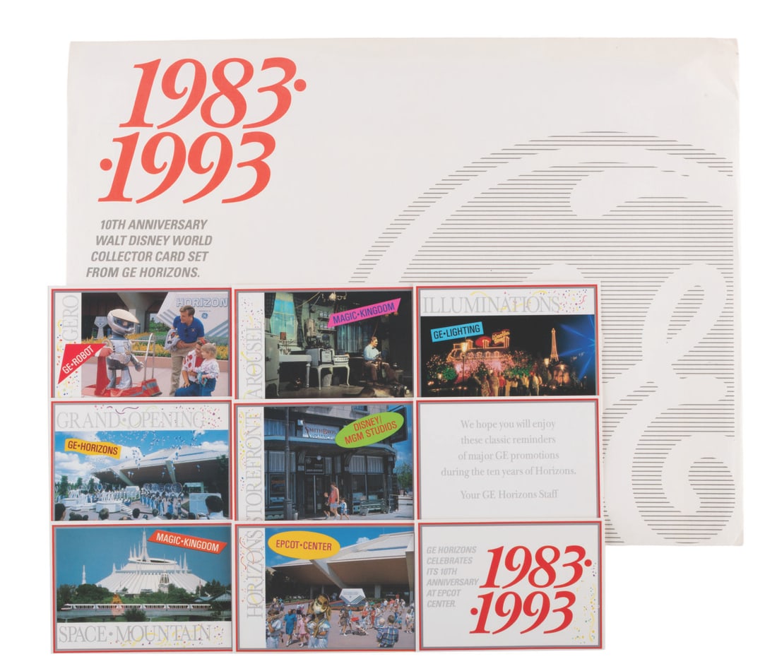 A GE Horizons 10th Anniversary Card Set.: (Walt Disney World, 1993) A trading card set commemorating the 10th Anniversary of GE's Horizons pavilion with the original branded envelope. The nine cards illustrate General Electric's contributions