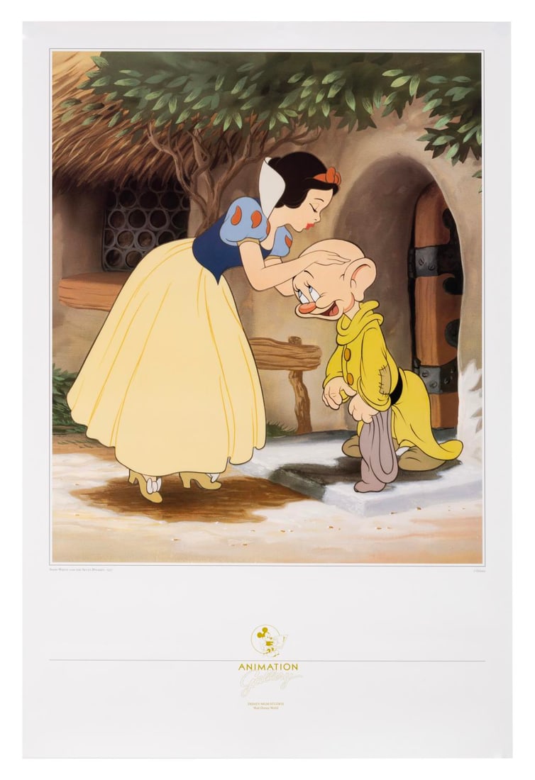 A Disney-MGM Studios "Snow White and the Seven Dwarfs" Poster.: (Disney-MGM Studios, 1990s-2000s) A poster of Snow White and Dopey, originally sold at the Animation Gallery at Disney-MGM Studios. Measuring 24" x 36", the poster is in fine condition with light wear
