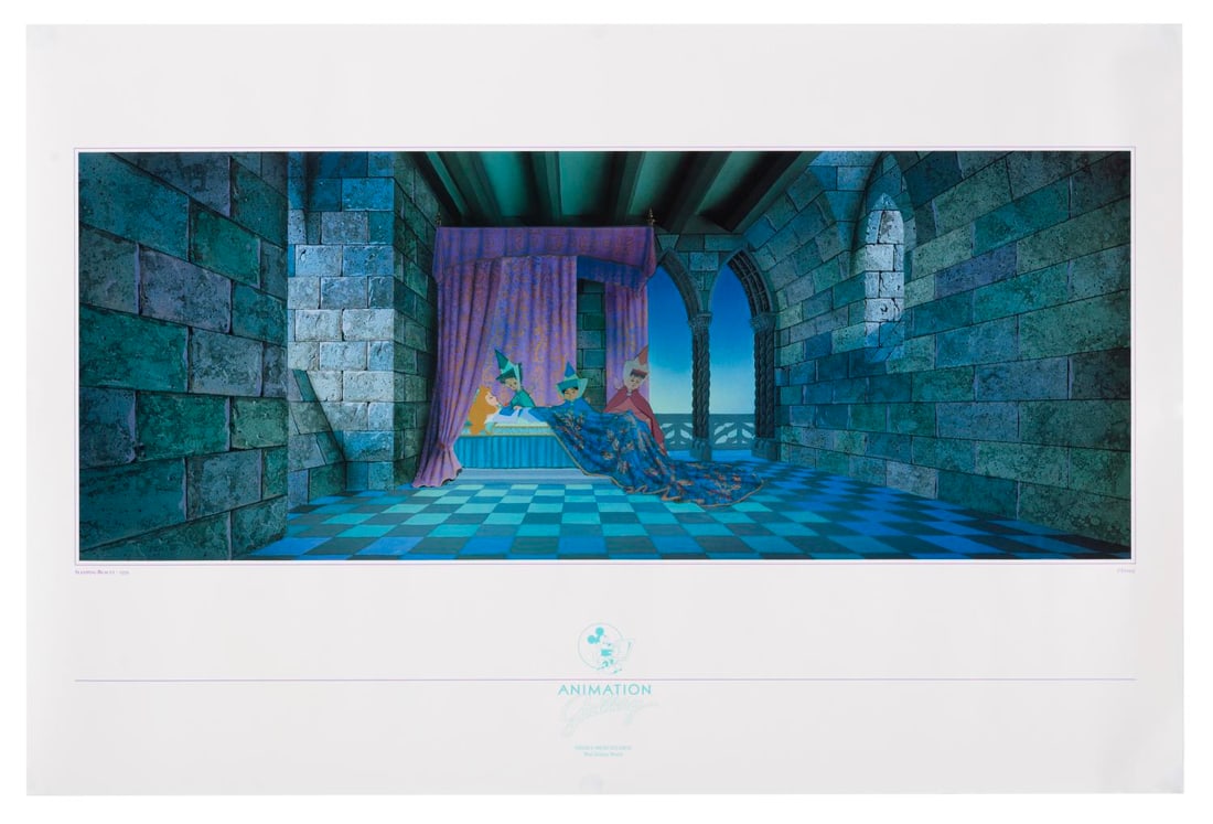 A Sleeping Beauty Fairies Animation Gallery Print.: (Disney-MGM Studios, 1990s-2000s) A poster from "Sleeping Beauty" of Aurora asleep, watched over by Flora, Fauna, and Merriweather. The artwork features a blue and white checkered floor, stone walls w