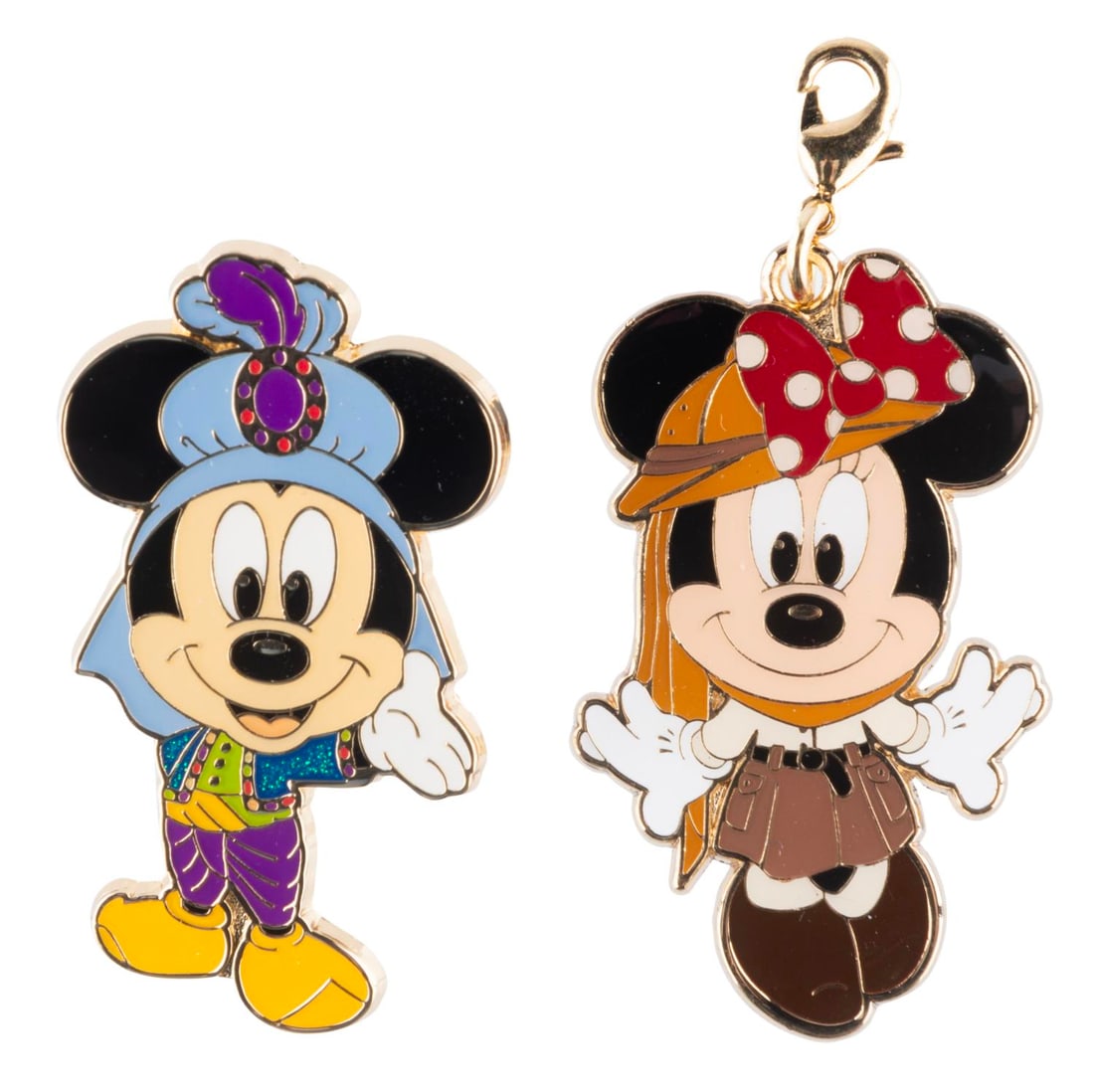 An Abu's Bazaar Pin and Jungle Carnival Charm.: (Tokyo Disney, 2008-2020s) An Abu's Bazaar Mickey pin and Jungle Carnival Minnie charm. Abu’s Bazaar at Tokyo DisneySea and Jungle Carnival at Tokyo Disneyland are areas where Guests can play games 