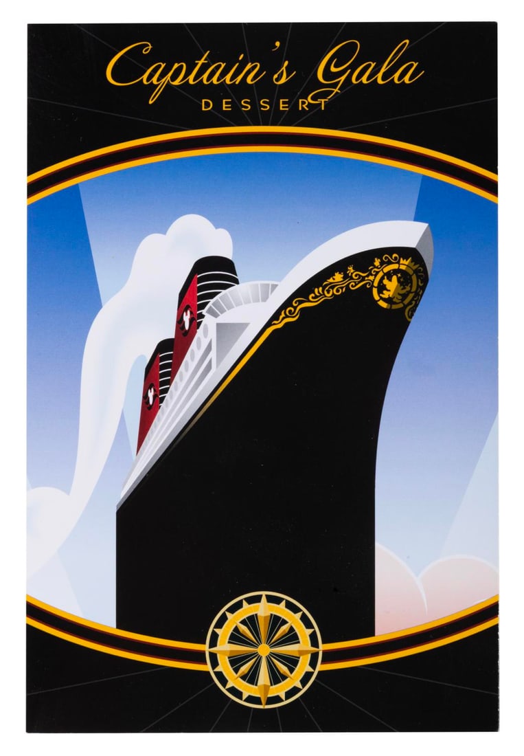 A Disney Cruise Line Captain's Gala Dessert Menu.: (Disney Cruise Line, 2010s) A Captain’s Gala Dessert Menu from the Disney Magic cruise ship. Measuring 6" x 9", the menu displays in very good condition with light stains, scratches, and wear.