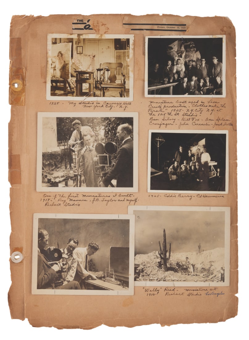 Early Hollywood Photographs of Hammeras' Effects Work.: (Hammeras, 1916-25) A collection of six photographs of Ralph Hammeras' earliest miniature and effects work in silent film. This page from Hammeras' own scrapbook of his career includes photos of a