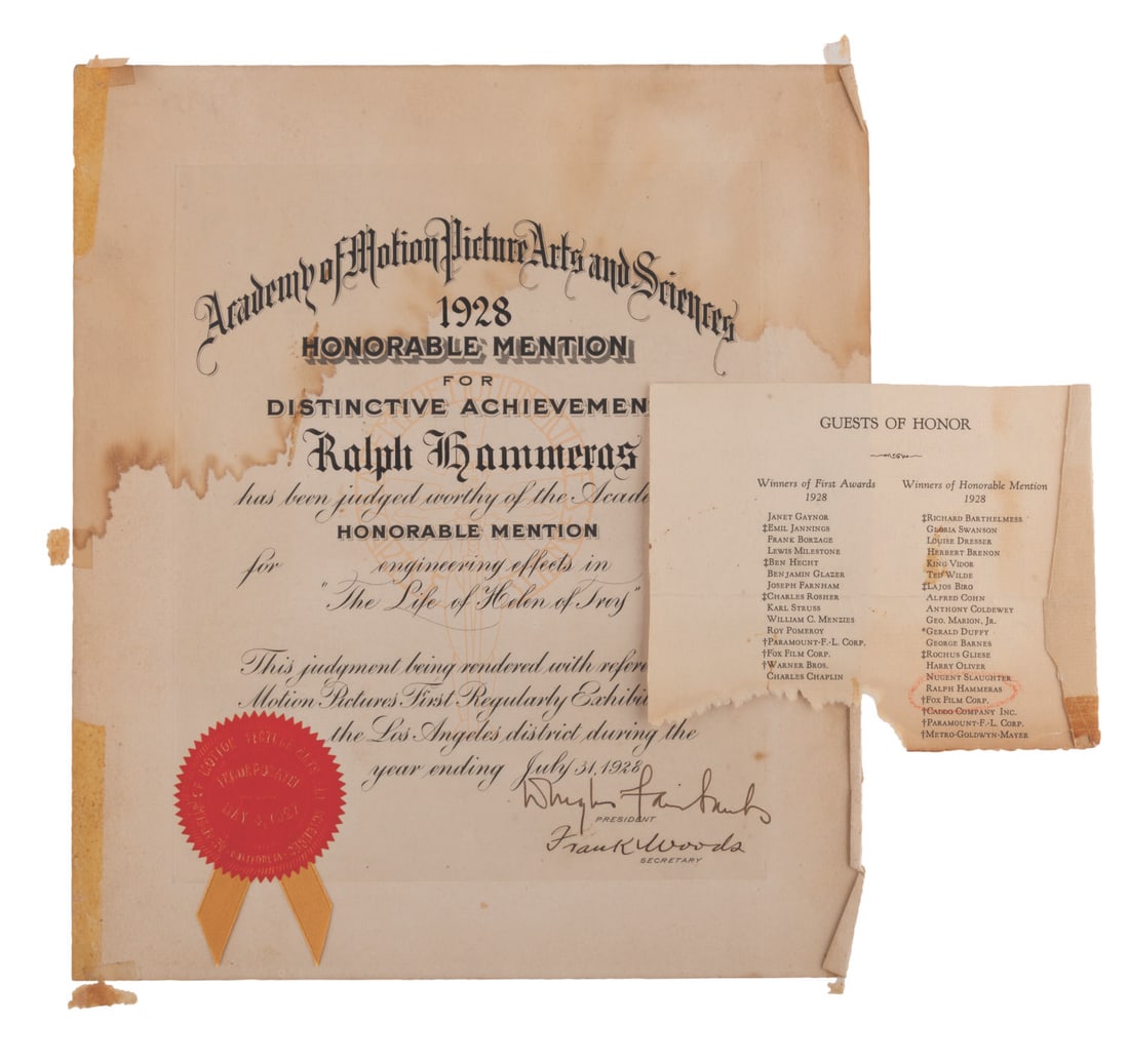 Ralph Hammeras' Honorable Mention Certificate from the 1st Academy Awards.: (Hammeras, 1928) A Douglas Fairbanks signed honorable mention certificate from the very first Academy Awards. The certificate recognizes Ralph Hammeras' nomination for "The Life of Helen of Troy" in