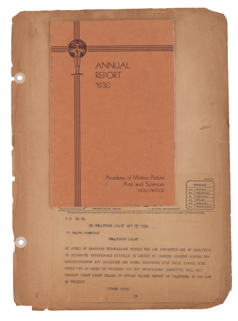 A 1930 Academy of Motion Pictures Annual Report and Ralph Hammeras Telegram.: (Hammeras, 1930) An Academy of Motion Picture Arts and Sciences 1930 Annual Report and telegram to effects artist Ralph Hammeras, notifying him of his committee position for the Academy Awards. The 6.