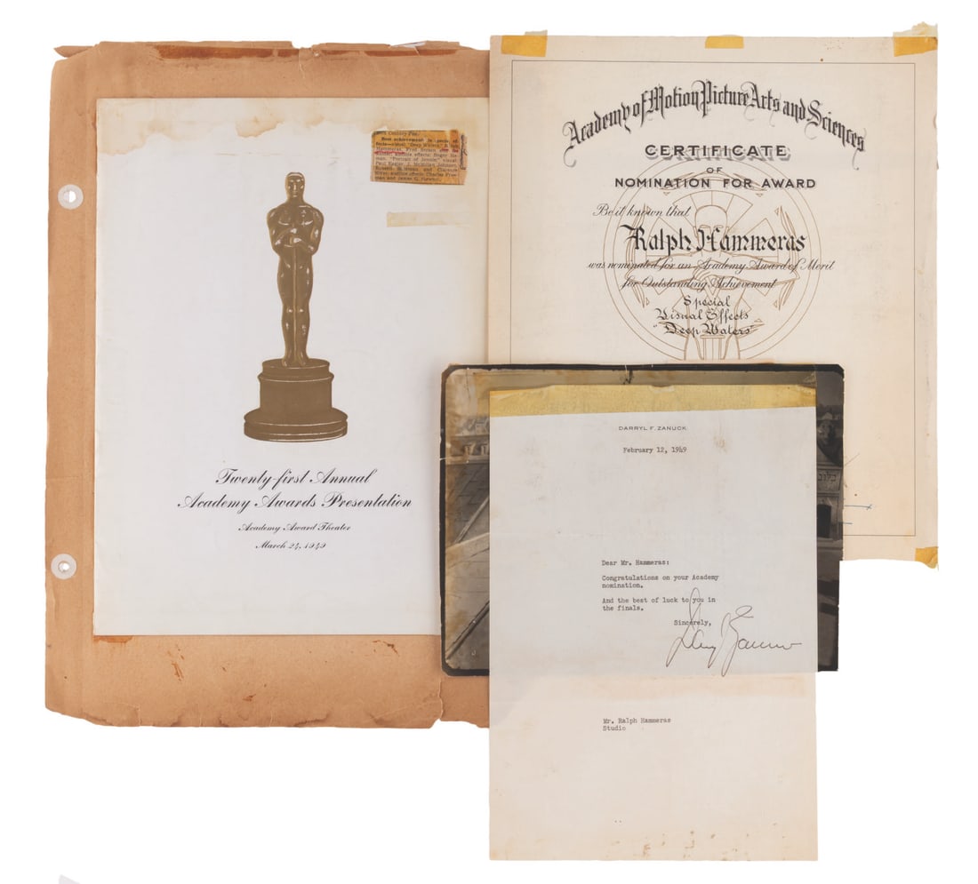 Ralph Hammeras' Academy Award Nomination & Signed Darryl Zanuck Letter.: (Hammeras, 1948-49) A collection of paper souvenirs related to visual effects artist Ralph Hammeras' 1949 Academy Award nomination for "Deep Waters." Included are the official nomination letter from