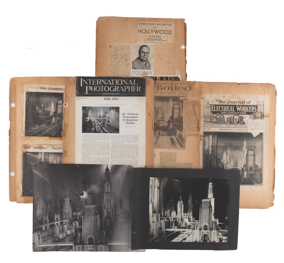 A "Just Imagine" Collection of Photos and Clippings.: (Hammeras, 1928-35) A collection of photos, clippings, and ephemera related to the 1930 film "Just Imagine." Effects artist Ralph Hammeras kept these seven scrapbook pages documenting his work on the