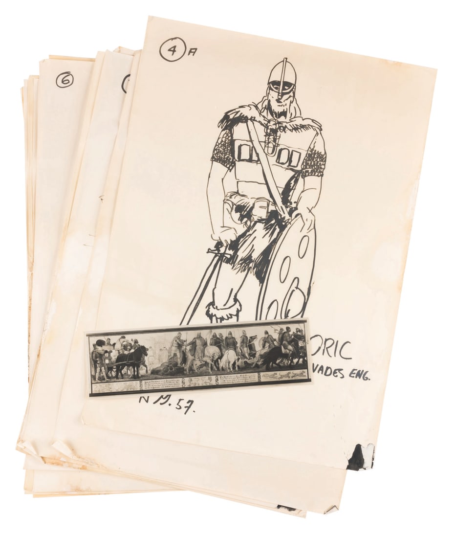 A Set of Harper Goff "The Vikings" Character Concepts.: (United Artists, 1957) A set of concept artwork by Harper Goff from the production of the 1958 film "The Vikings." The designs by the Disney Legend depict 14 character and costume concepts, including