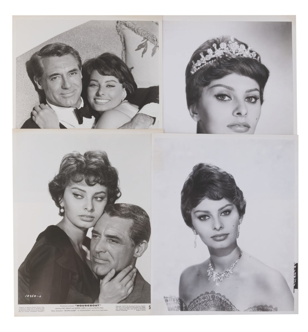 A Sophia Loren Publicity Photo Collection.: (Paramount, 1950s) A collection of four photos of legendary Italian actress Sophia Loren, two of which are from "Houseboat" co-starring Cary Grant. Measuring 8" x 10" each, the photos are in good to