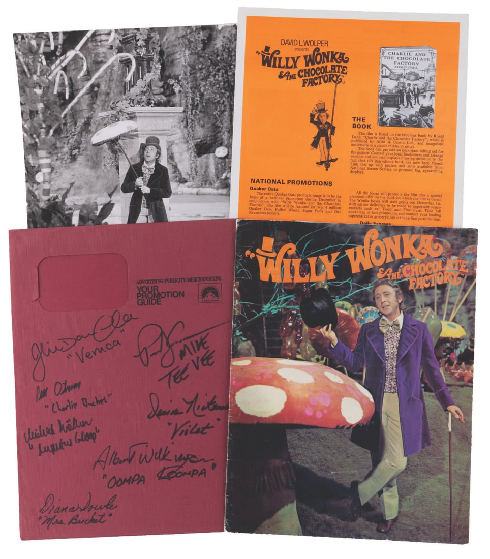 A Multi-Signed "Willy Wonka and the Chocolate Factory" Guide.: (Paramount, 1971) A multi-signed "Willy Wonka and the Chocolate Factory" promotion guide for advertising, publicity, and merchandising. Signatures include those of cast members Peter Ostrum (Charlie