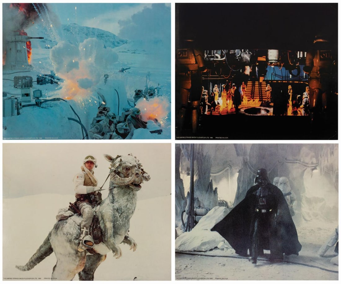 A Set of "The Empire Strikes Back" Large Lobby Cards.: (Lucasfilm, 1980) A set of four rare large lobby cards for "The Empire Strikes Back," including scenes from the Battle of Hoth, Luke on his tauntaun, Darth Vader storming the rebel base, and Han Solo