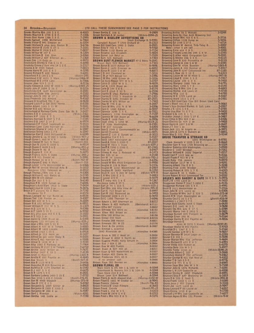 A "Back to the Future" Prop Phone Book Page.: (Universal, 1985) A prop phone book page from the production of "Back to the Future." This unused original of the page Marty McFly rips out of the phone book at Lou's Cafe features Doc Brown's address