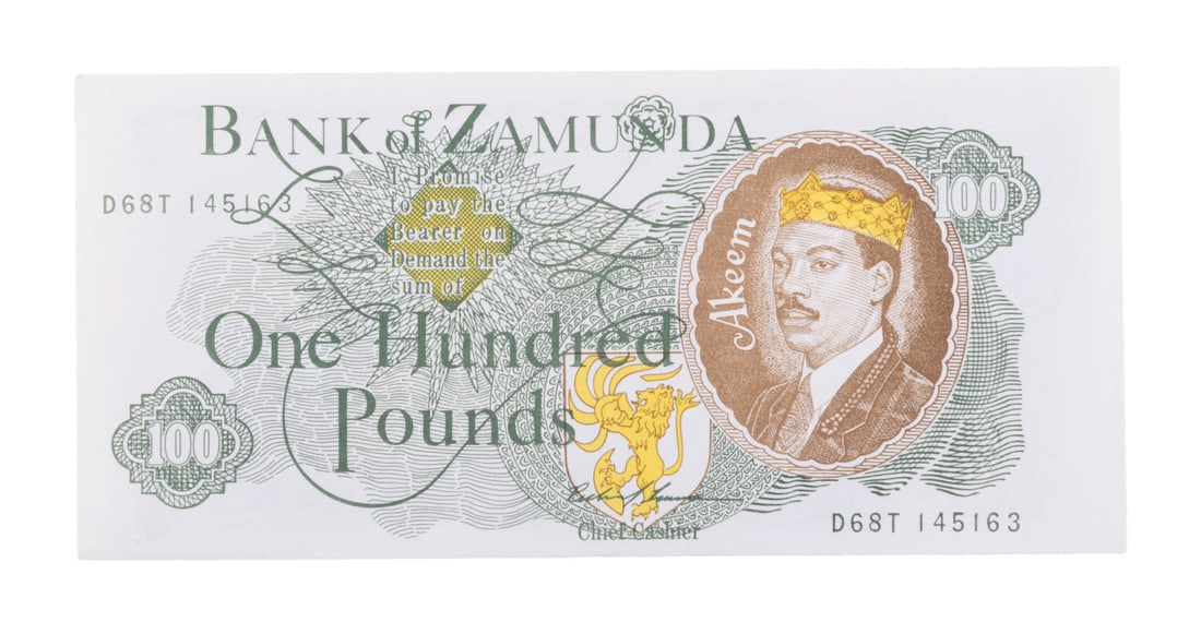 A "Coming to America" Prop $100 Bill.: (Paramount, 1988) A prop $100 bill the Eddie Murphy comedy classic "Coming to America." The one hundred pound note features a regal image of Murphy as Prince Akeem. Measuring 3" x 6.25", the prop