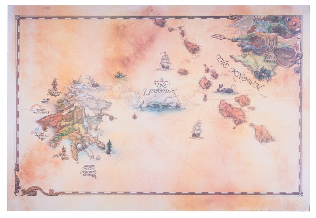 A "Hook" Teaser Trailer Map Prop.: (TriStar, 1991) A large prop map created for the "Hook" teaser trailer. In the trailer, a magnifying glass moves across the map, revealing the names of the lead actors until it reaches the Lost Boys'