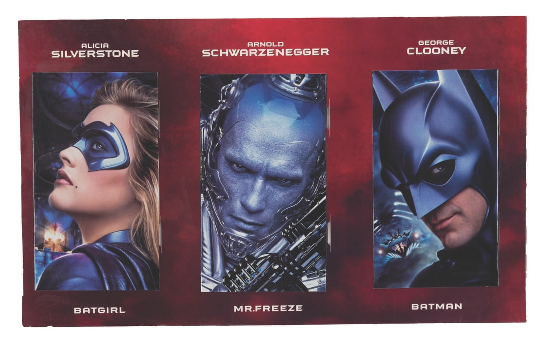 A "Batman & Robin" Display.: (Warner Bros., 1997) A theatrical display for the DC superhero sequel "Batman & Robin" featuring Alicia Silverstone's Batgirl, Arnold Schwarzenegger's Mr. Freeze, and George Clooney's Batman.
