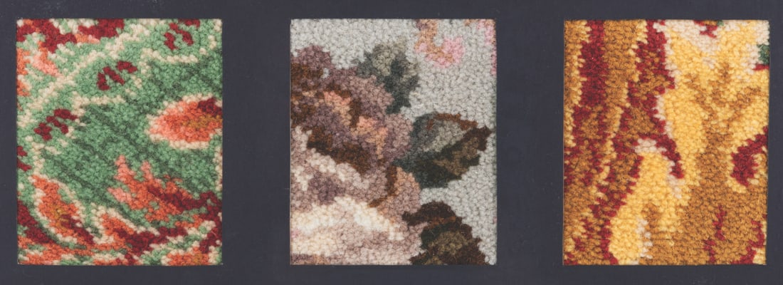 A "Titanic" Carpet Samples Collection.: (Paramount, 1997) A framed collection of three carpet samples from the production of James Cameron's "Titanic." Included are selections for the dining room, lounge, and Rose's stateroom. Measuring