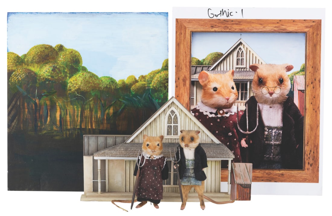 A "Dinner for Schmucks" American Gothic Taxidermy Mice Diorama.: (Paramount, 2010) A prop "American Gothic" mousterpiece seen in the opening credits of "Dinner For Schmucks." Included are the framed photo seen in the film, the mice with props, the farmhouse model,