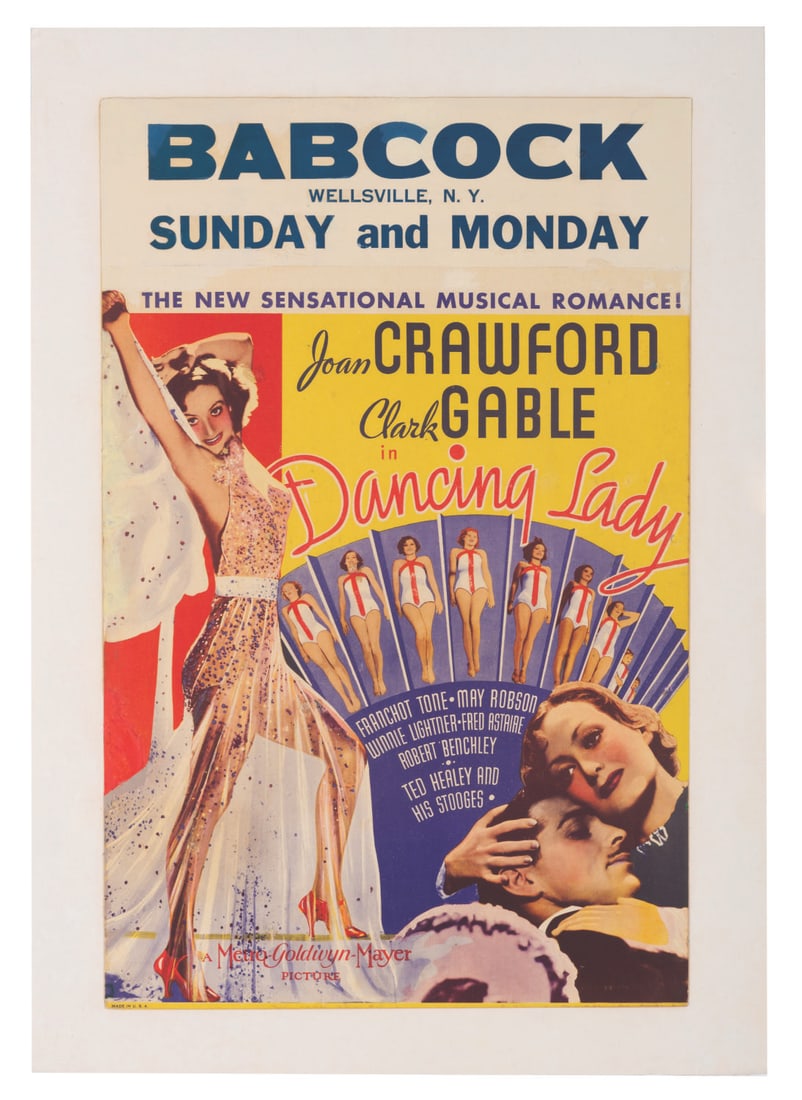 A Linen-Backed "Dancing Lady" Window Card.: (MGM, 1933) A linen-backed window card for screenings of the 1933 pre-Code musical "Dancing Lady" starring Joan Crawford and Clark Cable at the Babcock Theatre in Wellsville, NY. The film marked the