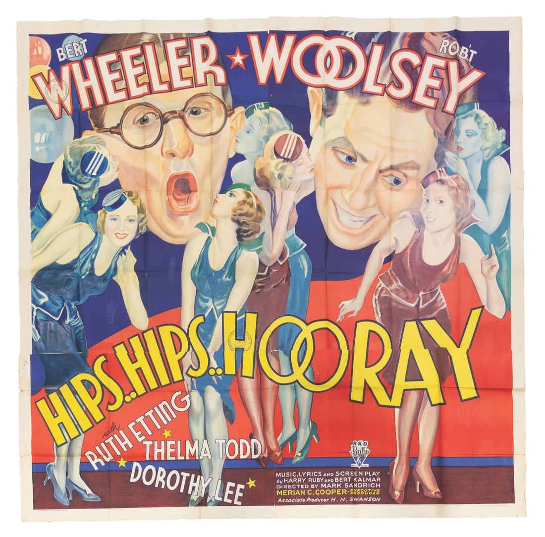 A Rare "Hips, Hips, Hooray!" 6-Sheet.: (RKO, 1934) A rare 6-sheet poster for the Pre-Code film "Hips, Hips, Hooray!" starring the vaudeville comedic duo Wheeler & Woolsley. The impressive poster includes stamps from the Netherlands'