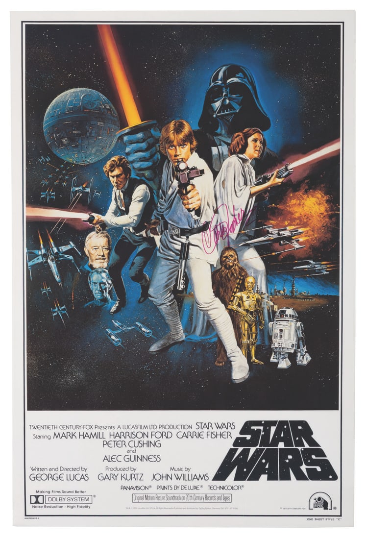A Carrie Fisher Signed "Star Wars" One-Sheet.: (20th Century-Fox, 1993) A Style C one-sheet for the 1993 re-release of "Star Wars," signed by Carrie Fisher, in bold magenta marker. Measuring 26.75" x 40.25", the poster displays in very good