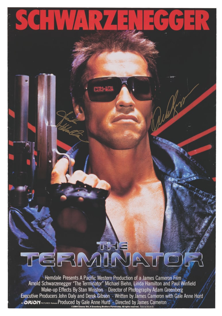 A Multi-Signed "The Terminator" One-Sheet.: (Orion, 1984) A "The Terminator" poster signed by stars Arnold Schwarzenegger and Linda Hamilton in bold gold marker. Measuring 27" x 39", the poster is mounted to foamcore and displays in good condit