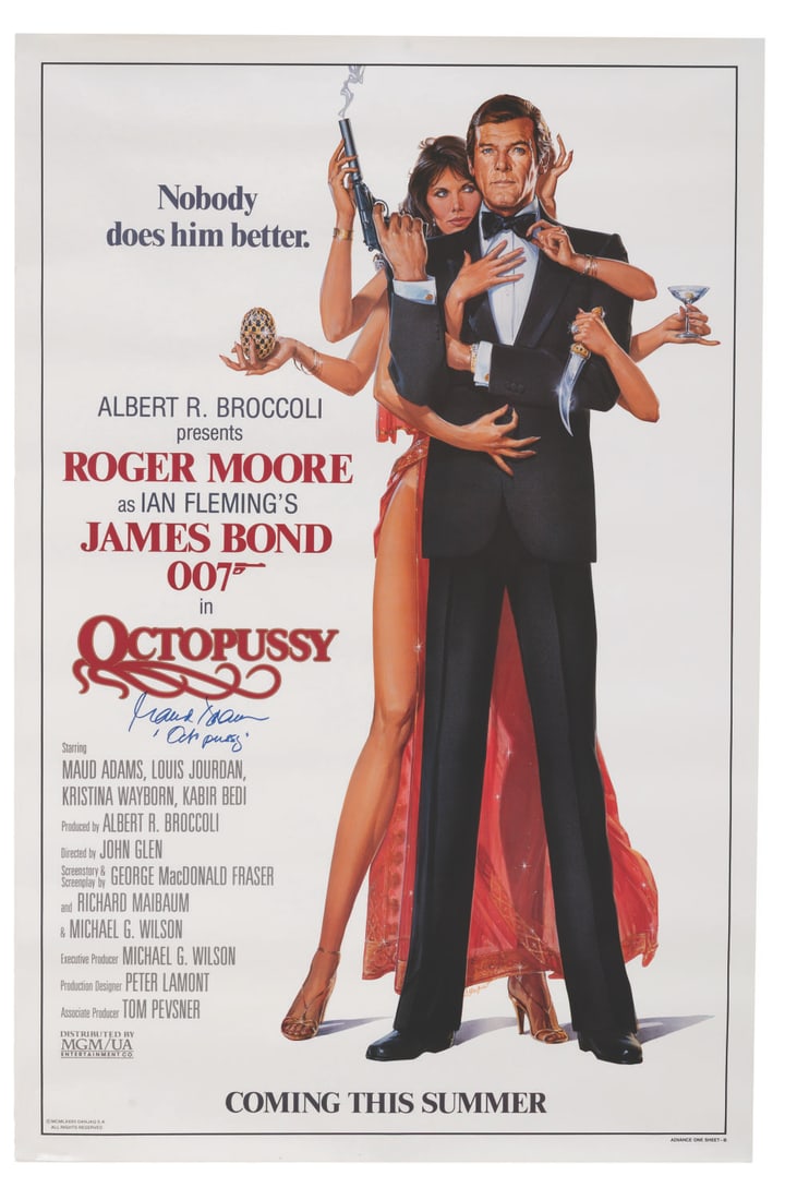 A Signed "Octopussy" One-Sheet.: (United Artists, 1983) A one-sheet for the James Bond film "Octopussy," signed by Maud Adams. The actress holds the rare distinction of being a Bond Girl twice, portraying Andrea Anders in "The Man