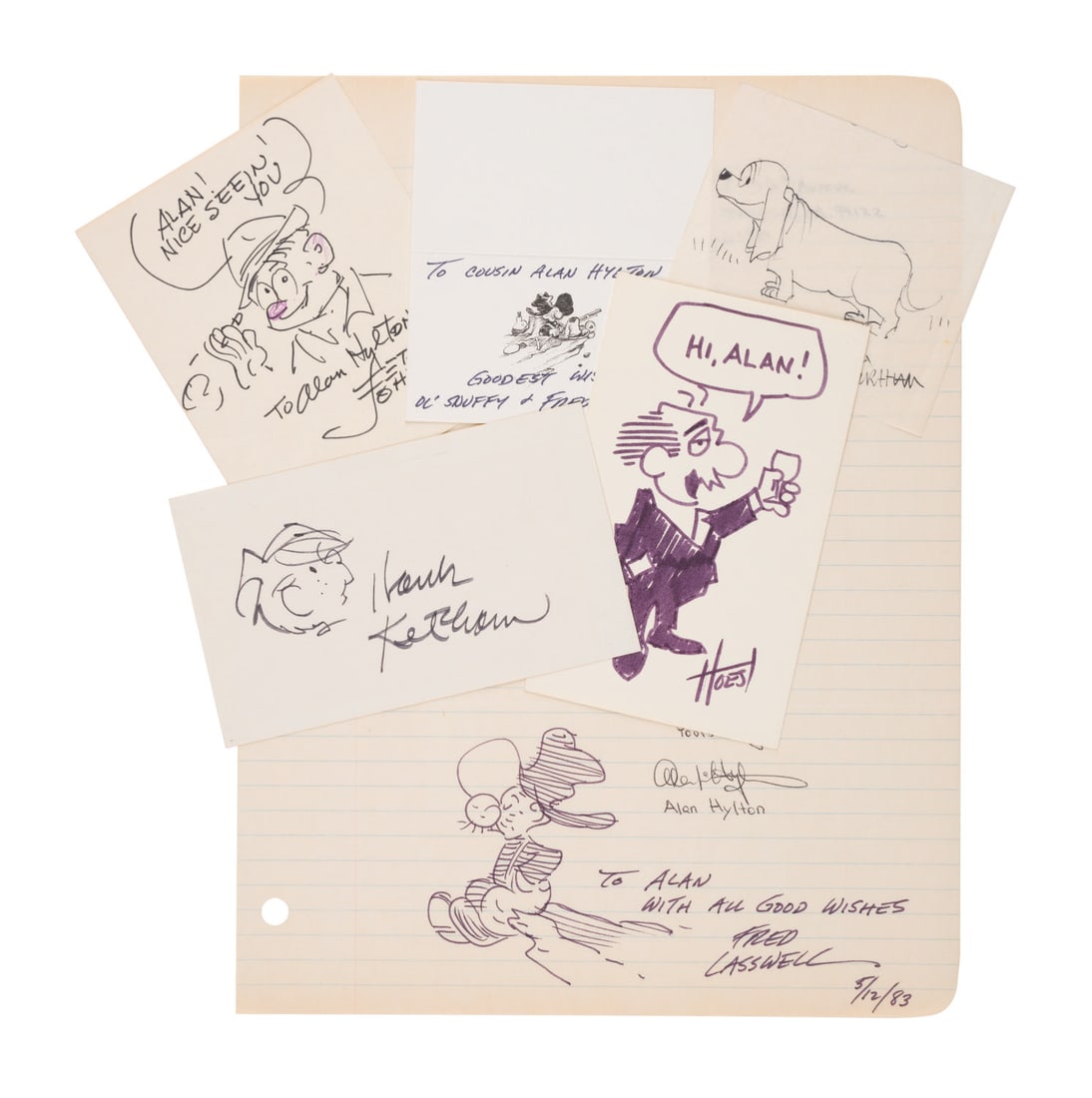 A Collection of Signed Comic Strip Cartoonists' Drawings.: (Various, 1970s-90s) A collection of original drawings and printed artwork by some of the most prolific comic strip artists and cartoonists in history, signed with personalized dedications. Included