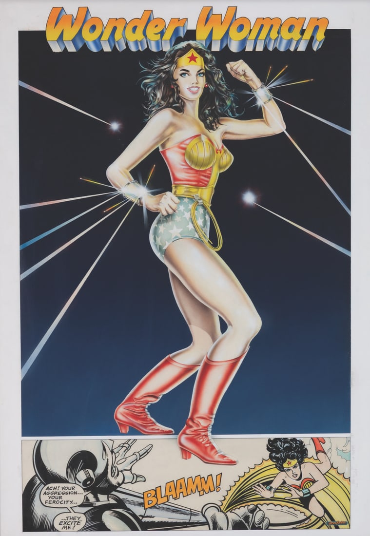 A Wonder Woman Original Painting.: (Thought Factory, 1977) An extremely rare original painting of the DC Comics superhero Wonder Woman. Painted by the incredible Ron Kriss, the artwork features a realistic depiction of the character