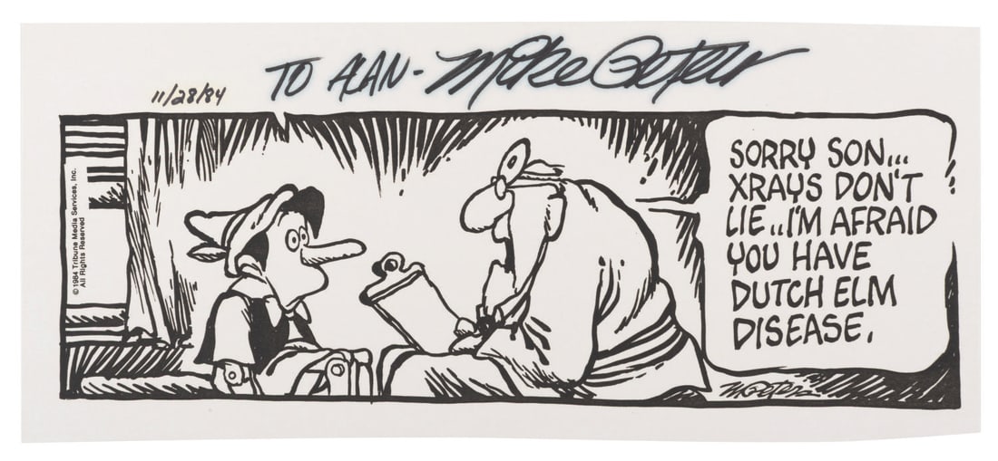 A Mike Peters Signed Mother Goose & Grimm Pinocchio Comic.: (Peters, 1984) A print of a Mother Goose and Grimm comic strip featuring Pinocchio, signed with a dedication by artist Mike Peters, the series creator. This is a very early comic from the