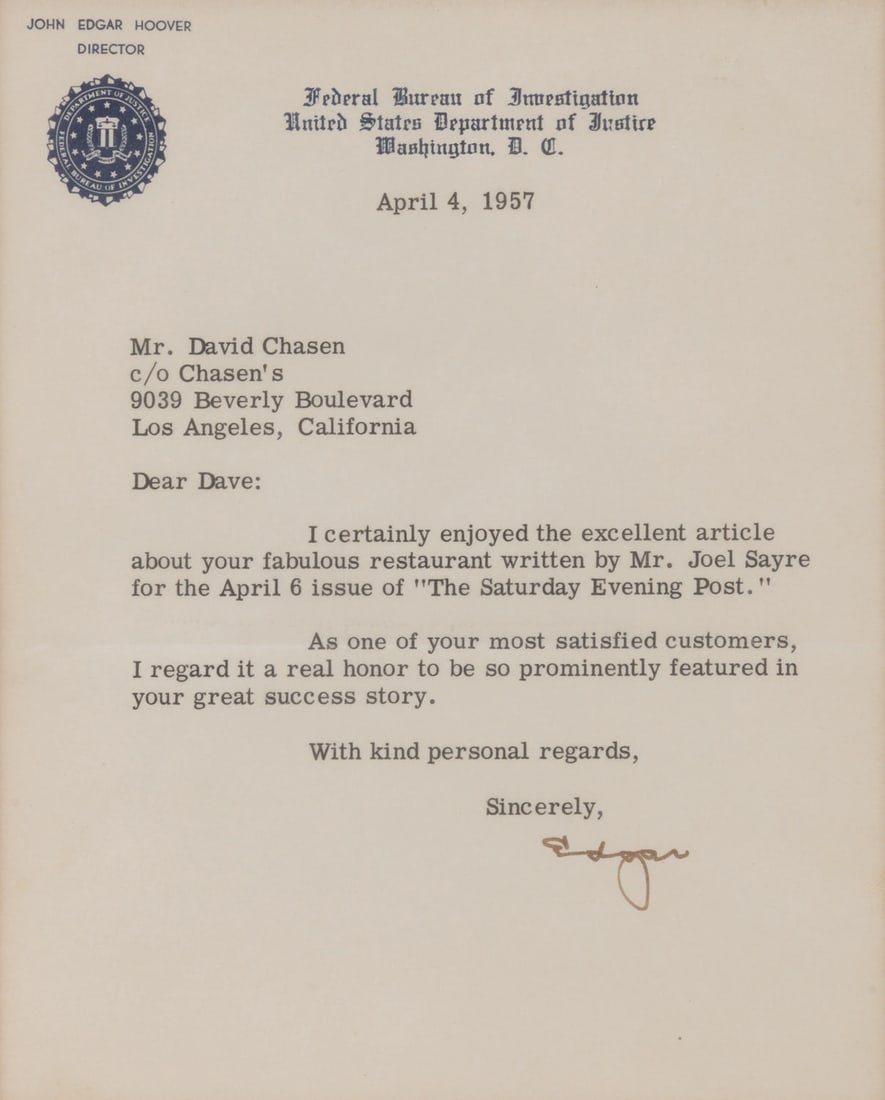 J. Edgar Hoover's Signed Letter to Chasen's Restaurant. (1 of 4)