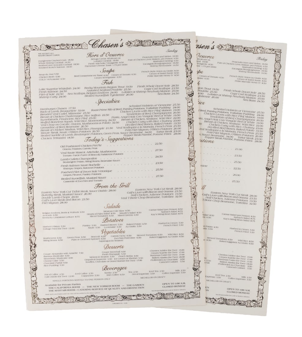 A Pair of Chasen's Restaurant Menus. (1 of 3)