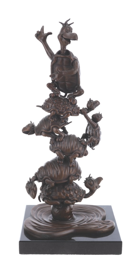 A Limited Edition Bronze Yertle the Turtle Sculpture.: (Rijn, 2008) A bronze sculpture by artist Leo Rijn titled "Turtle Tower," inspired by Dr. Seuss' Yertle the Turtle. Released in a limited edition, the piece is numbered 156/195. Measuring 8.5" x 7" x 